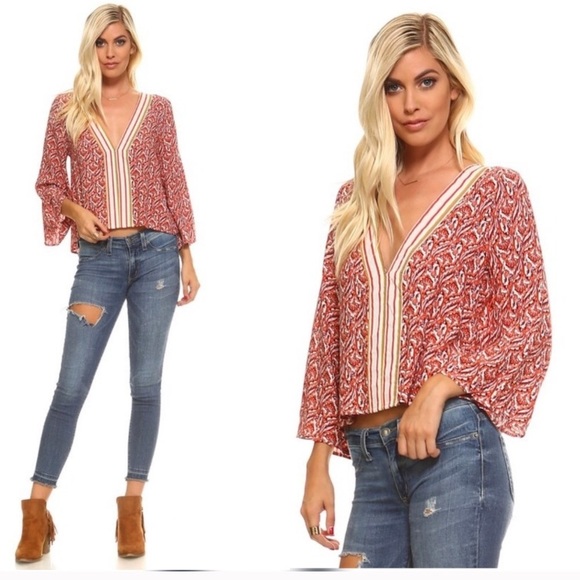 NEW! Mixed Print Top in Rust - Picture 2 of 3